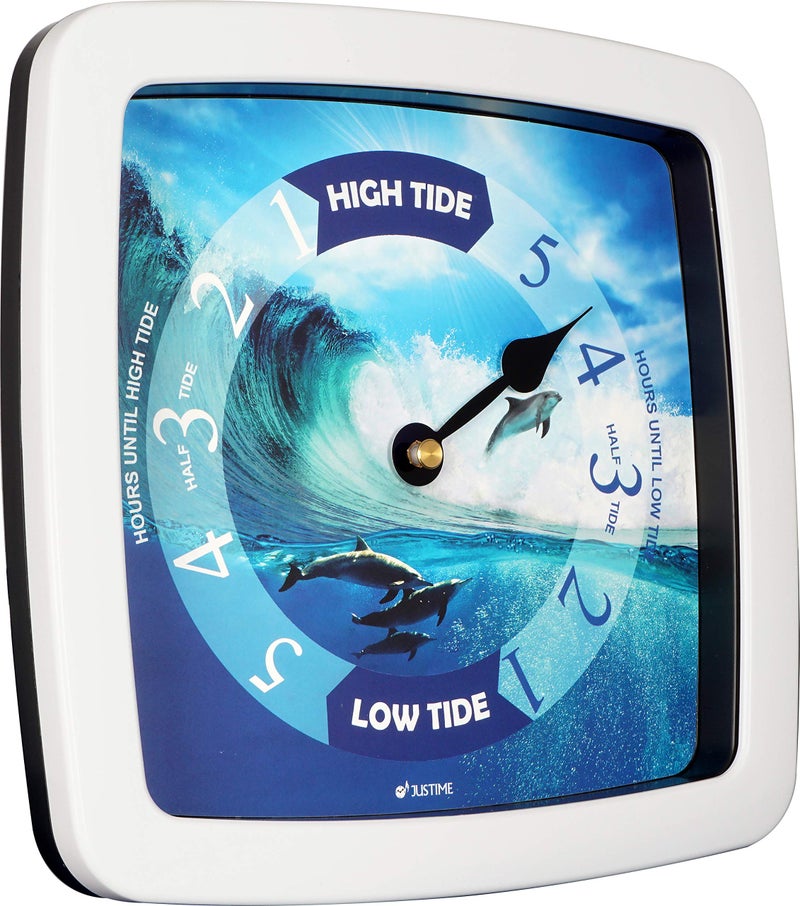 JUSTIME 8.5 Inch Atlantic Tide Clock for East Coast, High Tide Low Tide Clock with Plastic Water Resistant Case, Colorful Graphics Designed Home Wall DÃ©cor (TT424WT Dolphin) - Image 2